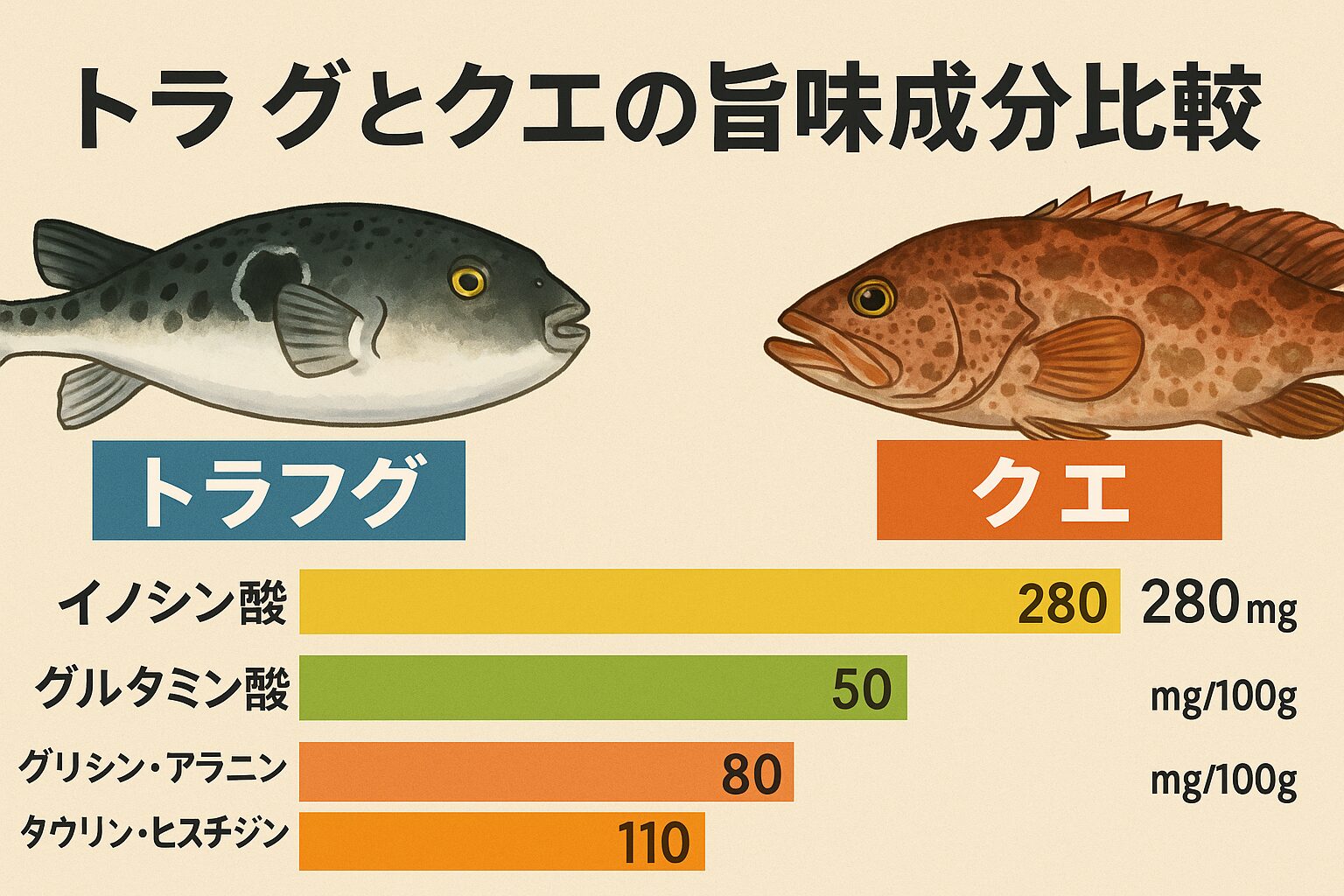 トラフグ：淡味×上品な旨味×高コラーゲン 。クエ：濃厚×脂のコク×強いグルタミン酸 。AI分析の結果、旨味総量ではクエに軍配が上がるものの、「味の格」は人の好みにより大きく分かれます。あっさり好きならトラフグ。濃厚派ならクエ。 どちらも冬の鍋には最高のご馳走です。釣太郎