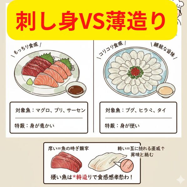 フグやヒラメといった薄造りにされる魚は、筋肉質で身に多くのコラーゲンを含み、非常に硬い為、薄く切ることにより旨味が味わえる。釣太郎