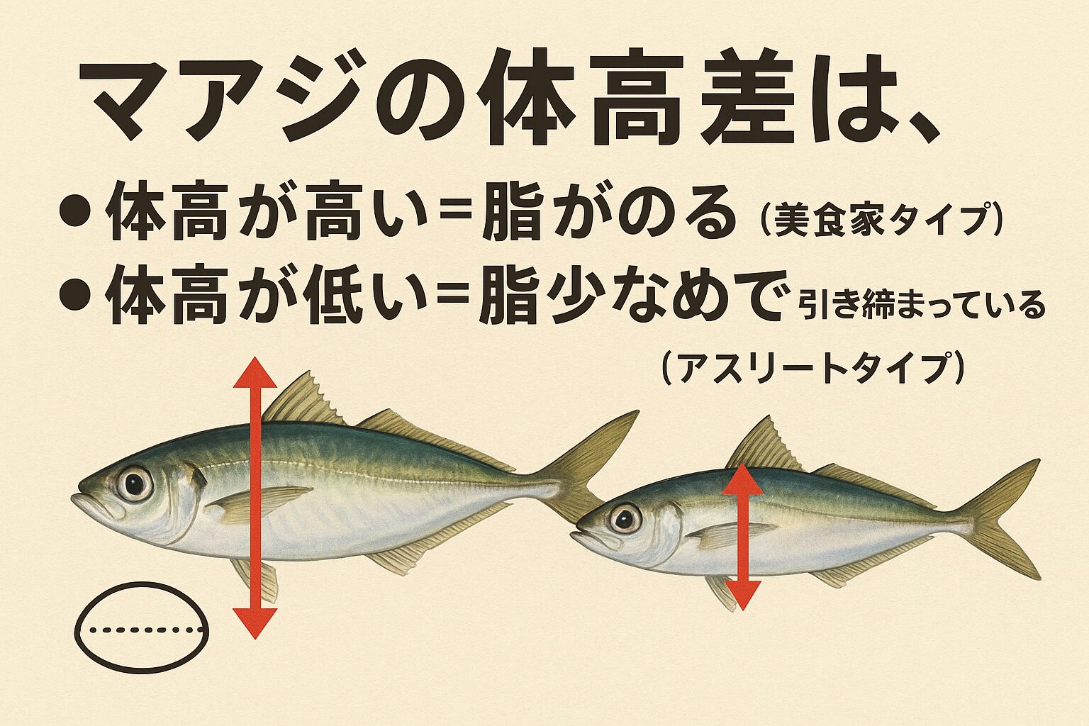 マアジの体高で脂のりが決まる。体高が高いほど脂がのり、体高が低いほど引き締まる。 つまり、体の高さを見るだけで「味のタイプ」が予測できる。釣太郎