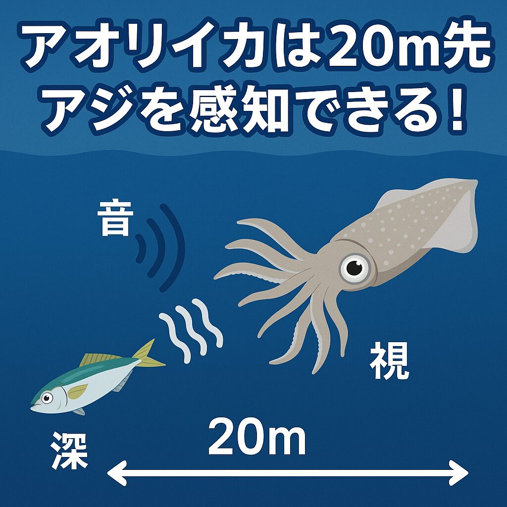 アオリイカは音・波動・視覚の3要素でアジを感知・静かな海なら20m先のアジも発見可能・波動は10m以内で最も効果的・AI推定でアジ投入後1〜3分以内にイカが寄る可能性。釣太郎