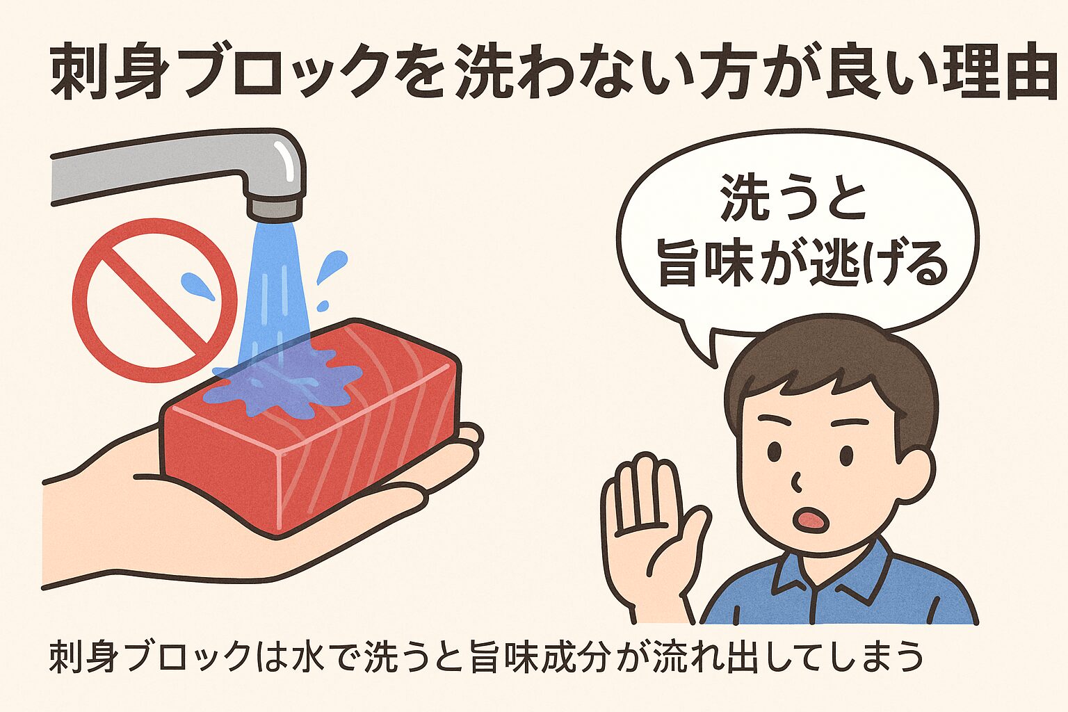 スーパーで売られている刺身ブロックは、 洗わずにそのまま食べてOK。理由は、すでに衛生処理済みであること。洗うと旨味と脂が流れること・雑菌リスクが増すこと。釣太郎