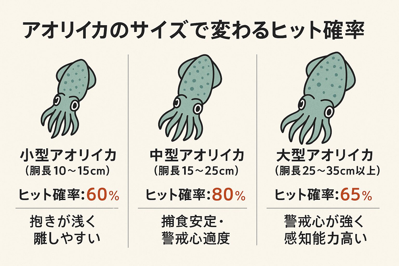 ヤエン釣りの成功率は、アオリイカのサイズで明確に変わる。
中型が最もヒットしやすく、小型は抱きが浅く、大型は警戒心が高いため確率が下がる。釣太郎