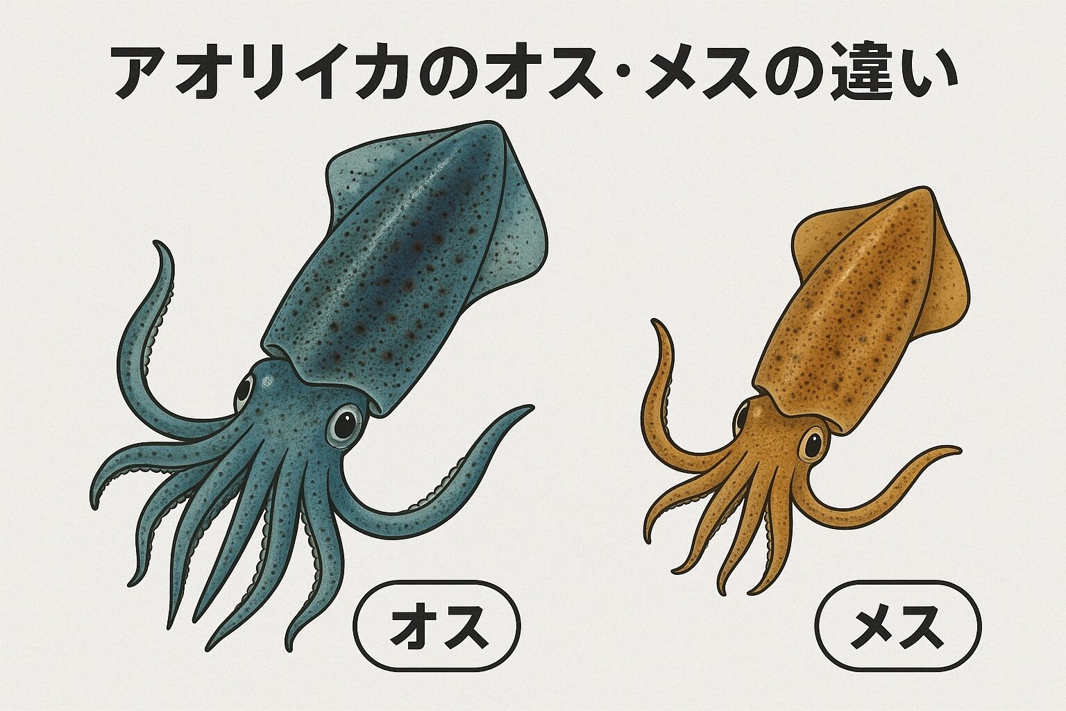 アオリイカのオスは大きく・力強く・攻撃的 。メスは小ぶりで柔らかく・おとなしい性格 寿命はおおむね1年だが、オスのほうがやや長生き。成長速度はオスが早く、2kg以上はほぼオスのみ。釣太郎