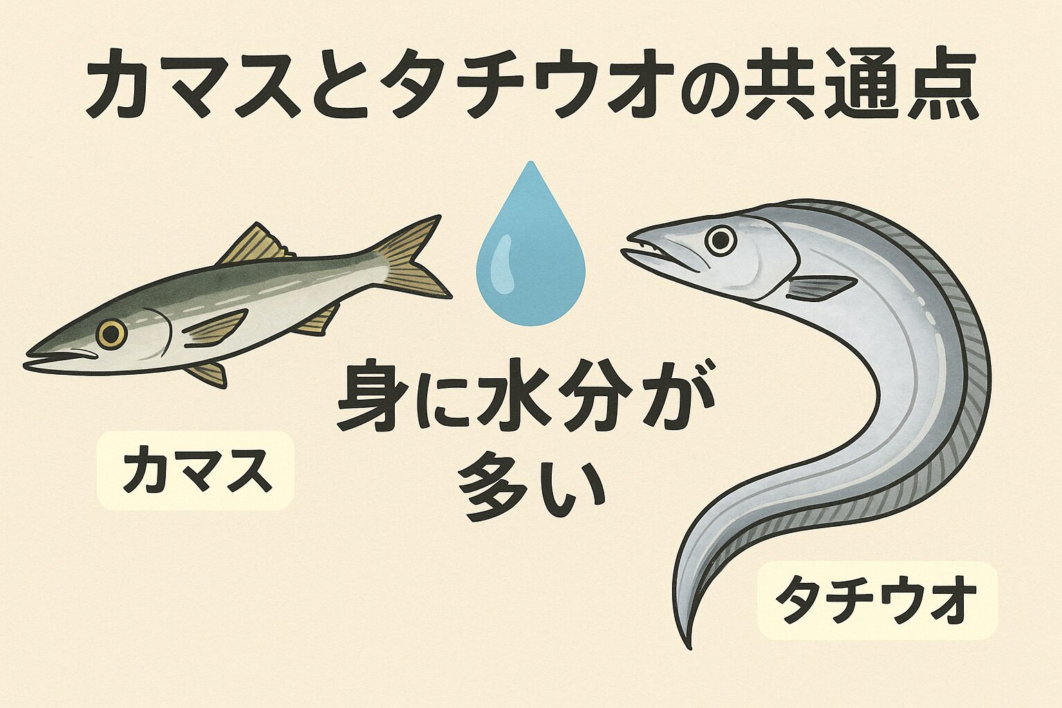 秋のカマスとタチウオはどちらも水分が多く、繊細な白身魚 ・共通点は「柔らかい筋肉」「鮮度の短さ」「脂との共存」・真水氷NG、海水氷で冷やせば美味しさ長持ち。釣太郎