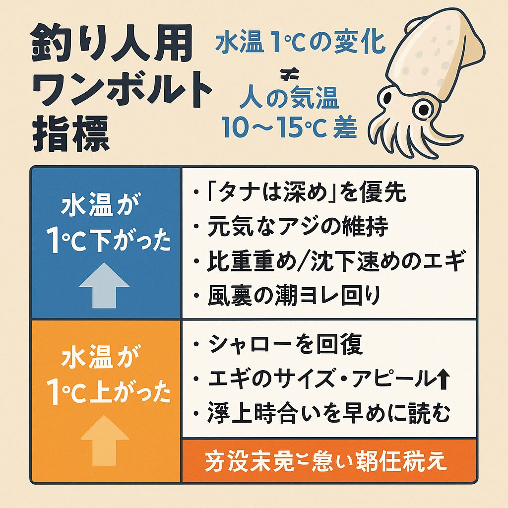 水は空気の約20〜25倍の“冷やす力”を持つため、1℃差でも強力。アオリイカの代謝は**1℃で7〜12％動き得る（Q10則）。行動の閾値も±1℃で変わりやすい。総合して、水温1℃ ≒ 人の気温10〜15℃の差という実務換算が妥当。釣太郎