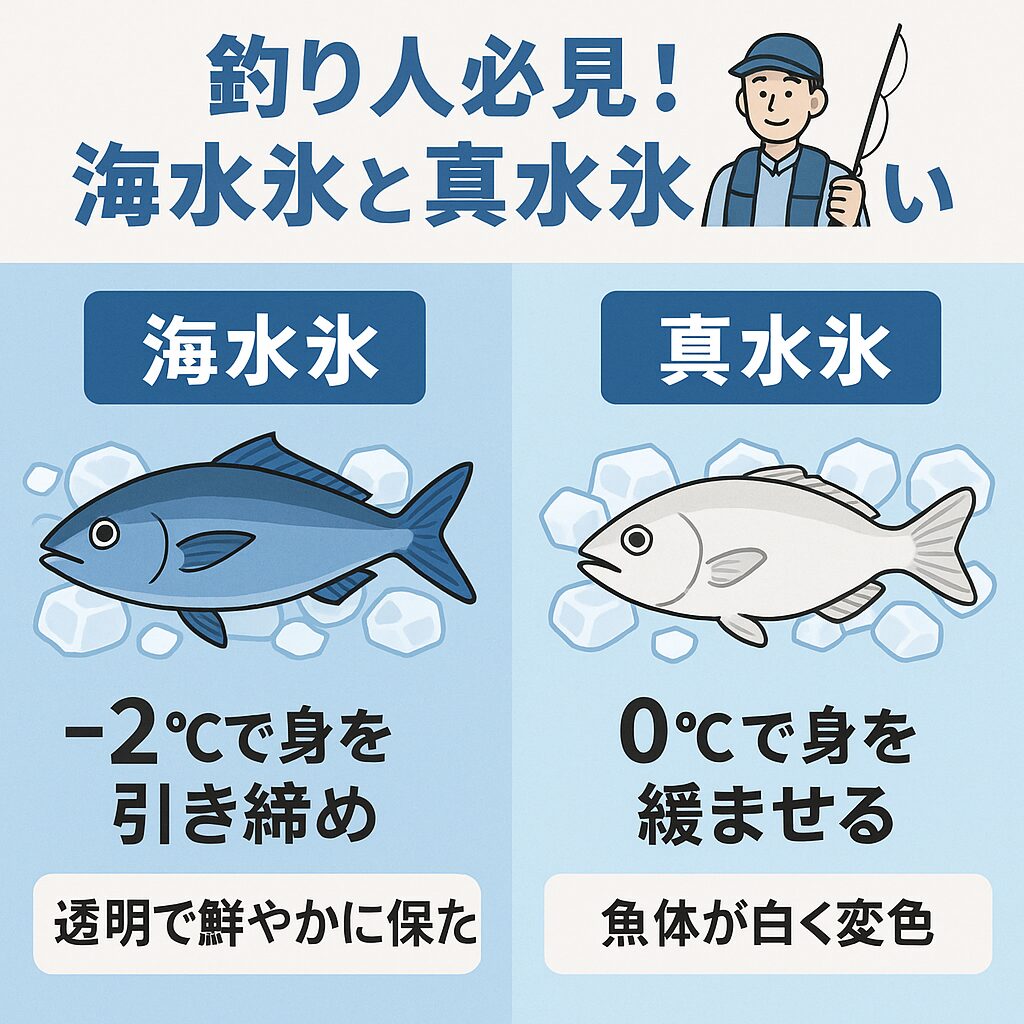 海水氷は、ただの氷ではなく「冷却調味料」とも言える存在です。
真水氷に比べて冷却効率・身質保持・美味しさの全てで優れており、釣り上げた魚を最高の状態で持ち帰ることができます。釣太郎