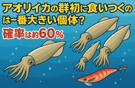アオリイカの群れで最初に食いつくのは、一番大きな個体である確率が約60%。残りの40%は小型や中型が先行することもあり、状況次第で変化します。釣太郎