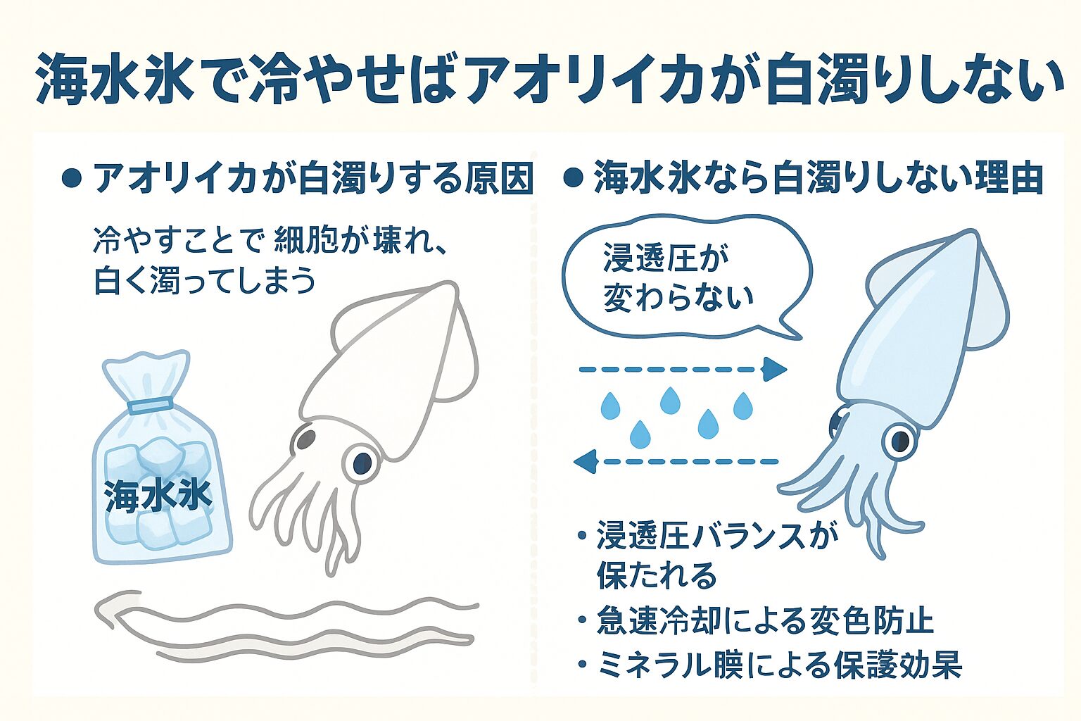 アオリイカが白く濁るのは、「真水氷による浸透圧ショック」が原因。
海水氷なら、魚の環境と同じ条件で冷却できるため、細胞を壊さず鮮度を維持できます。釣太郎