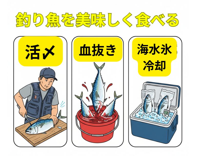活〆 → 血抜き → 冷却。この連鎖が奇跡の味を生む。重要なのは、「活〆 → 血抜き → 冷却」の順番です。この3つのステップは、一つでも欠けると効果が半減してしまう、まさに鮮度保持の黄金リレーです。釣太郎
