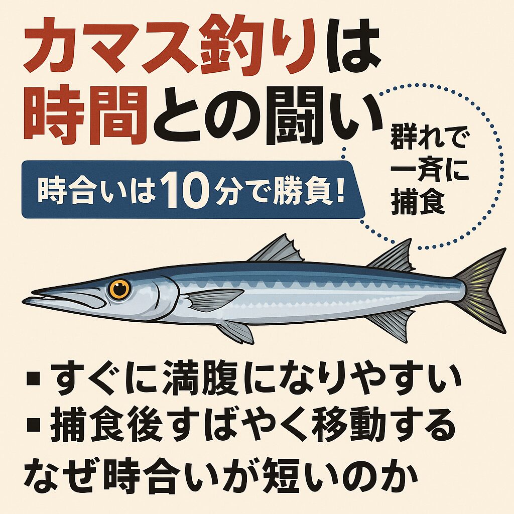 カマスは「群れで一斉に捕食→満腹→離脱」する魚。光量や潮流の変化に敏感で、時合いは10〜30分と極端に短い。 ・釣れ始めた瞬間が最重要！道具準備と集中力がカギ。釣太郎