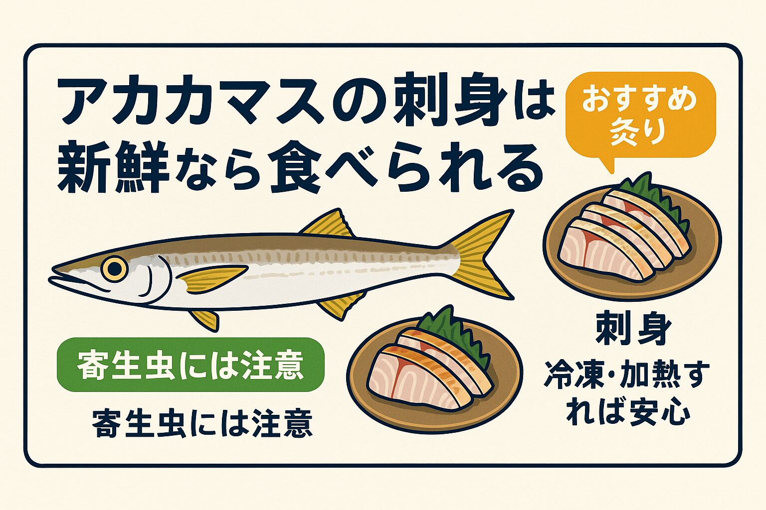 アカカマスは鮮度が命。寄生虫リスクや劣化の早さを理解した上で、 血抜き・冷却・炙りを徹底すれば、上品な白身を刺身でも堪能できます。迷ったらまず「皮霜造り」がおすすめです。釣太郎