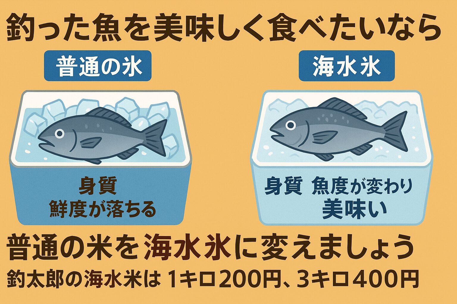 魚の味を左右するのは「氷の種類」。 海水氷は魚の細胞を守り、身の締まり・ツヤ・うま味を維持します。 釣太郎の海水氷（1kg200円／3kg400円）で、釣りたての美味しさをそのまま食卓へ。