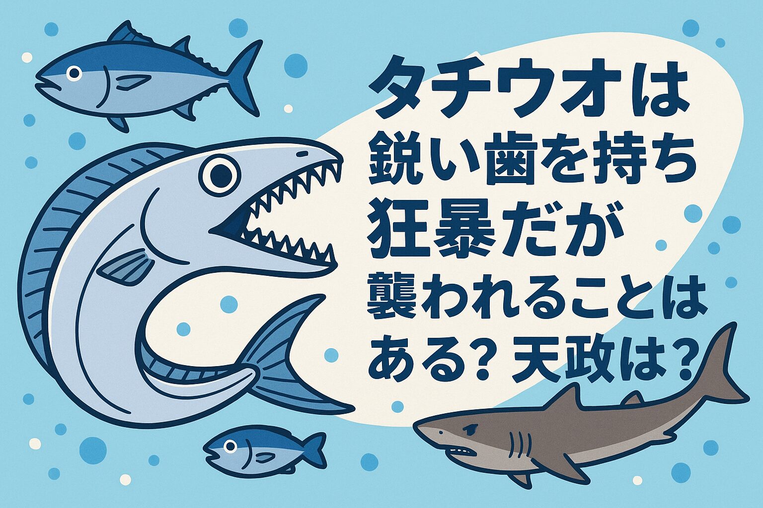 タチウオは狂暴ではあるが、人間を襲うことはない。鋭い歯は獲物を狩るためのものであり、 釣り人が危険なのは「扱い方を誤ったとき」。海ではマグロやサメ、イルカなどの大型肉食魚に狙われる立場でもあり、生態系の中では「中間捕食者」として位置しています。釣太郎