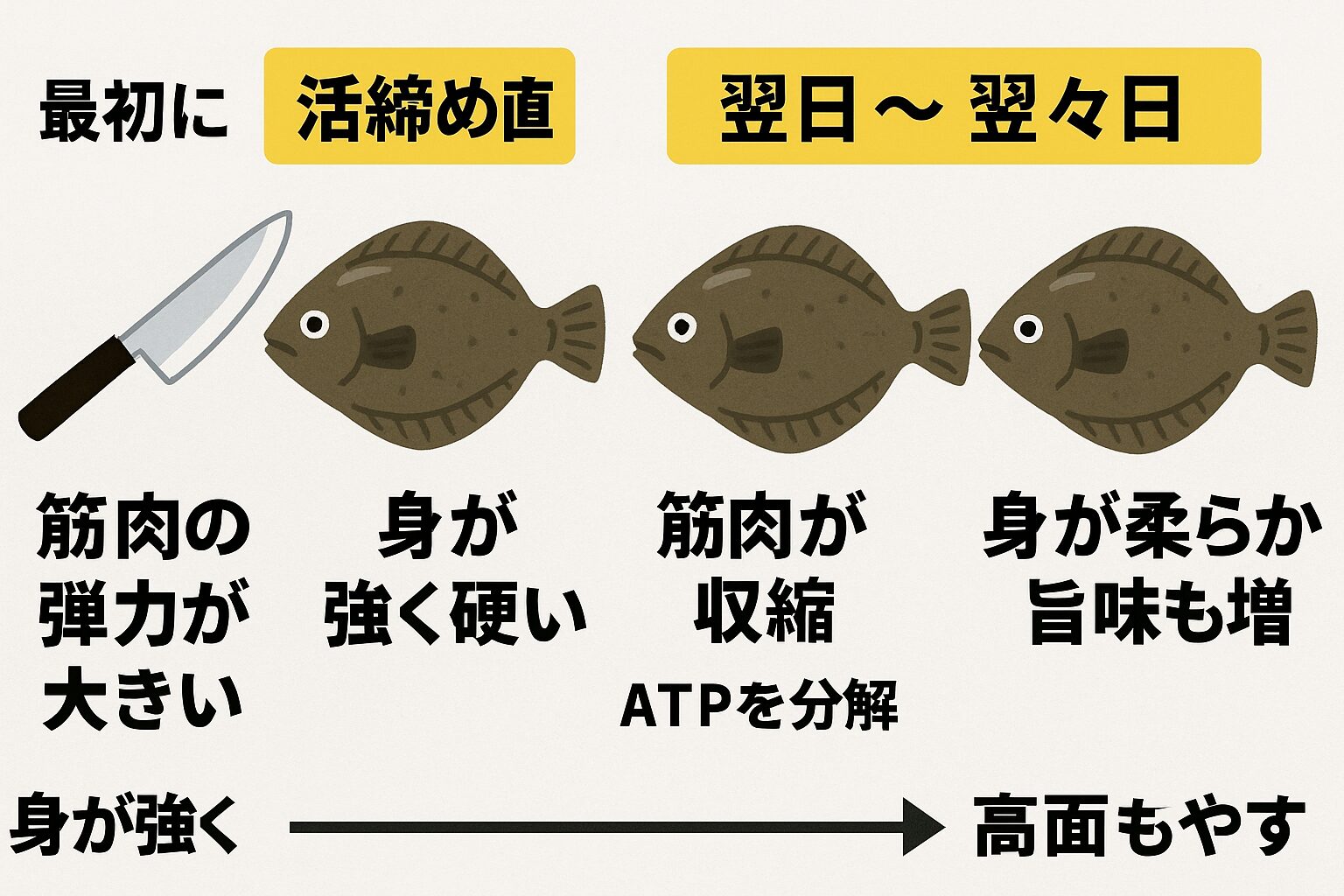 魚の身は、活締め直後が「最も硬い」状態。 時間が経つことでATPが分解され、筋肉がほぐれ、旨味成分（イノシン酸）が生まれまる。特に薄造りは、硬直が解けてからでないと包丁が入らず、翌日〜翌々日こそが“本当の食べごろ。釣太郎