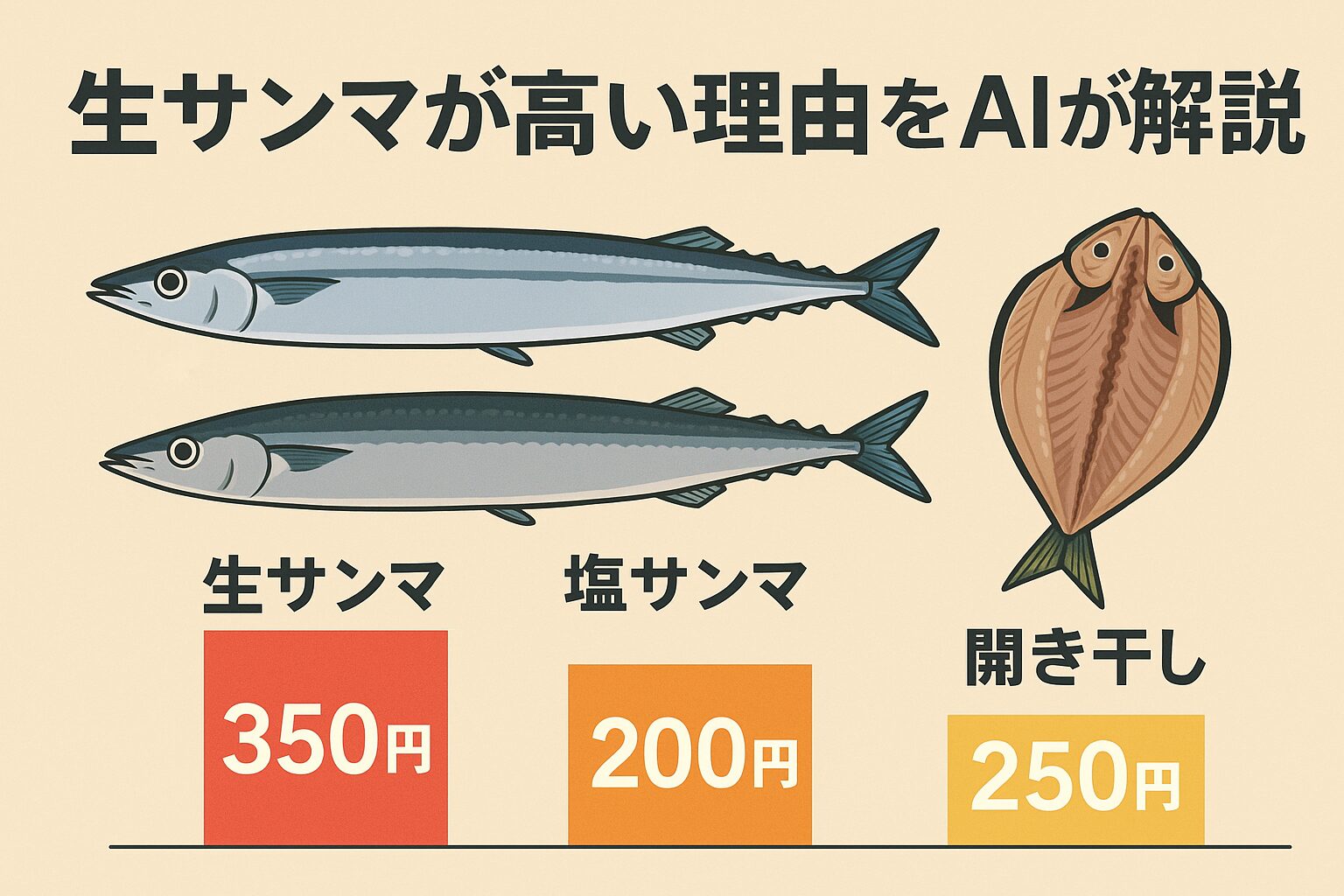 生サンマが高いのは、
加工の手間がない代わりに“鮮度管理”という
高コストな工程を経ているから。塩サンマや開き干しは保存・在庫が効くため、手間をかけても最終価格が安くなる。釣太郎