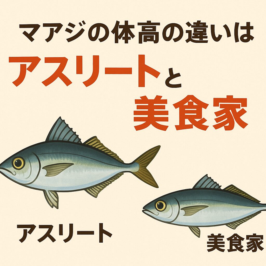 マアジの体高は、その生き方を物語るバロメーター。体高が高い＝脂のった美食家タイプ。体高が低い＝引き締まったアスリートタイプ。釣太郎
