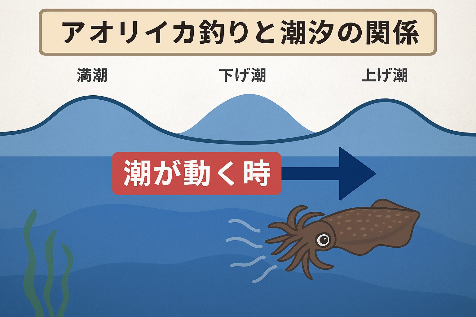 アオリイカ釣りと潮汐は密接に関係しており、釣果を左右する大きな要因。 ・おすすめは「大潮・中潮の動き出し」と「上げ潮の前半」。釣太郎