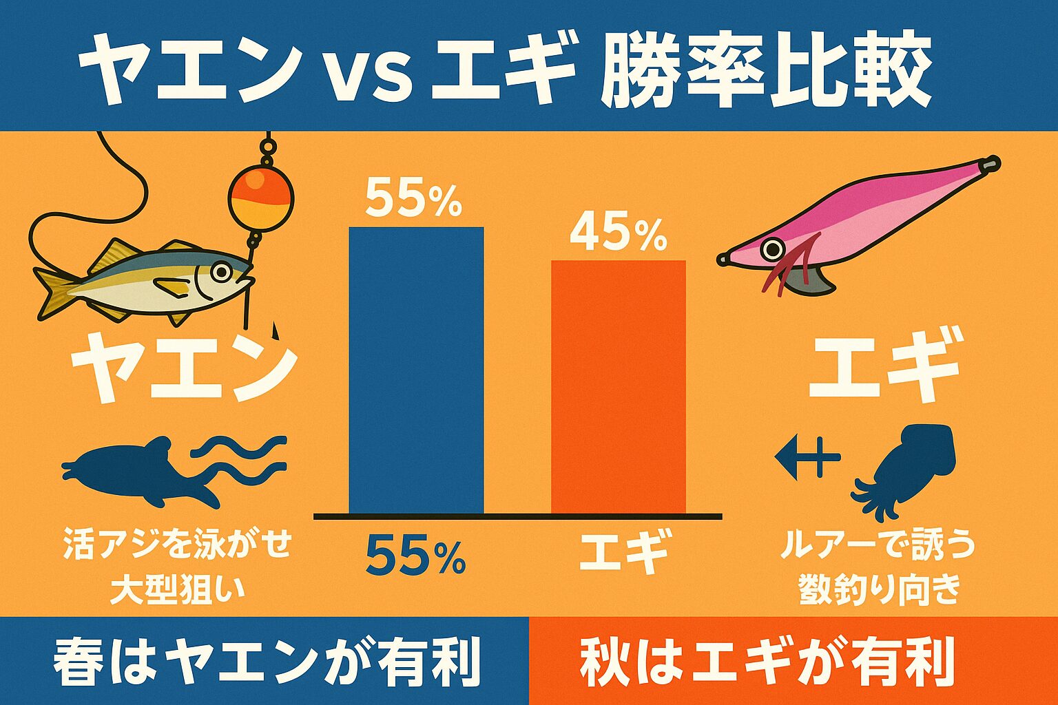 春の大型狙いはヤエン（勝率70％）・秋の新子シーズンはエギ（勝率65％）・夜や濁り潮はアジ有利、昼や澄み潮はエギ有利・AI総合では互角（ヤエン55％：エギ45％）釣太郎