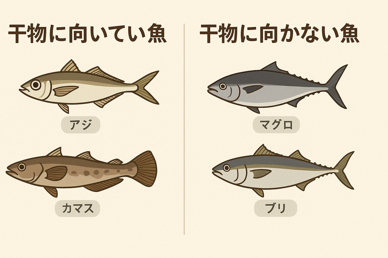 干物に向く魚は「脂控えめ・白身・水分多め」。アジ・カマス・キンメ・ホッケは干物の王道。マグロ・ブリ・カツオなど赤身魚は干すと劣化が早い。干物は「乾燥」ではなく「旨味を閉じ込める料理」釣太郎