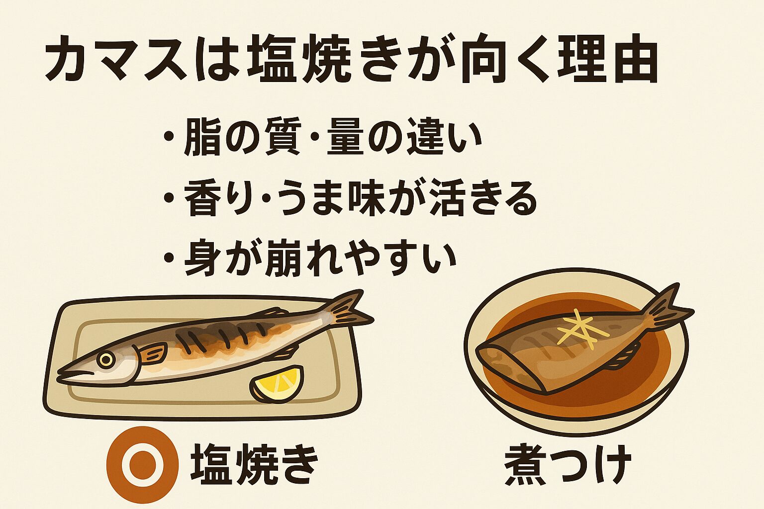 カマスは「皮と脂の旨味を楽しむ魚」です。 そのため、塩焼きが最も理にかなった調理法。煮ると脂が逃げ、身が崩れ、香りが消える。 この3つの理由から、料理人も家庭でも「塩焼き」が定番となっています。釣太郎