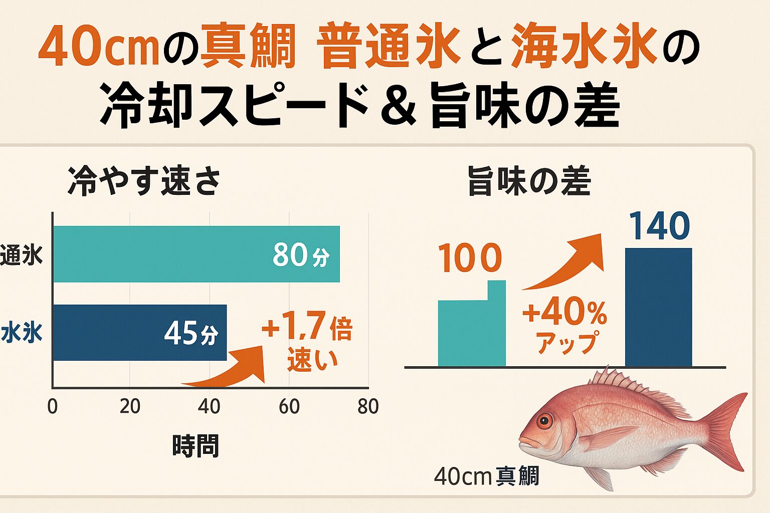 40cmの真鯛を冷やす実験では、海水氷は普通氷より約1.7倍速く冷却し、旨味を約40%多く保持、臭い発生を約70%抑制。−2℃の強冷と塩分効果で、釣り魚の価値を最大限に保つことができる。海水氷は、釣り人が「本当の鮮度」を守るための最強ツール。釣太郎