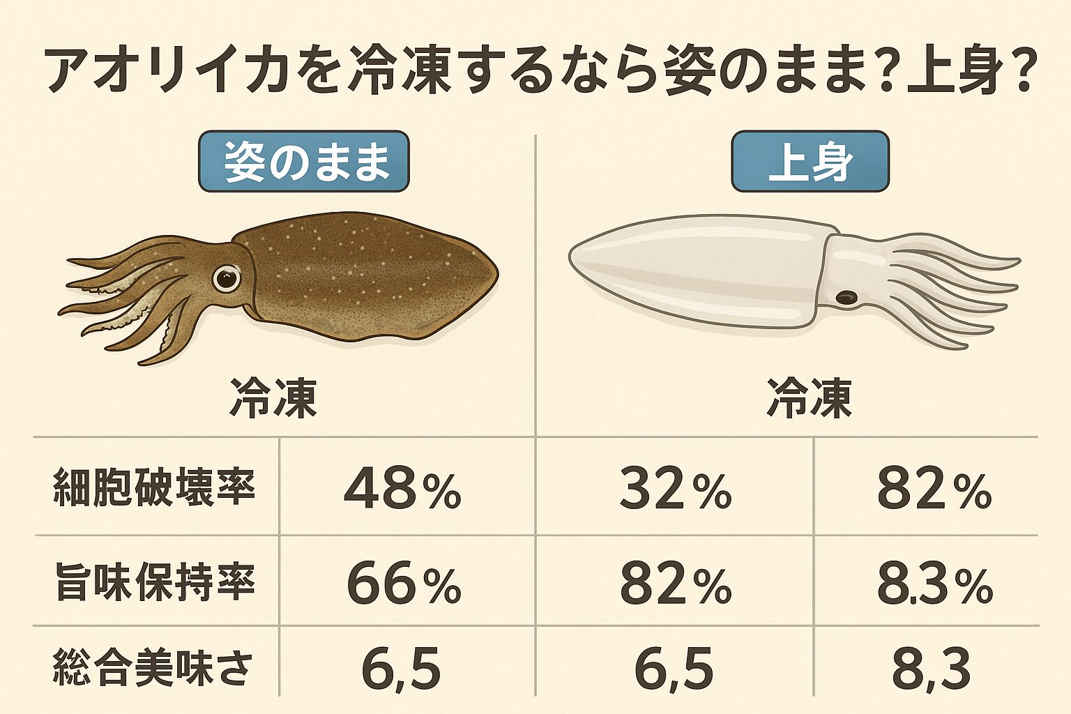 アオリイカを釣った後に冷凍するなら、上身にしてから急速冷凍が最もおすすめです。
姿冷凍は手軽ですが、内臓酵素と酸化により風味が落ちやすく、結果的に美味しさは約25%ダウンします。釣太郎