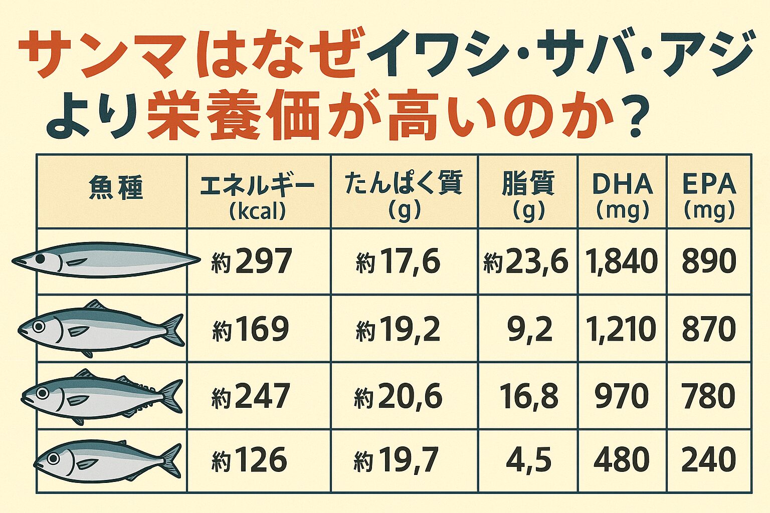 サンマは脂質・DHA・EPA含有量で青魚トップクラス。旬の秋に栄養が最大化し、健康成分が最も濃い。皮・内臓も含めて食べることで、栄養を余すことなく摂取可能。 ・鮮度と焼き方を意識すれば、他魚を圧倒する「健康食材」。釣太郎