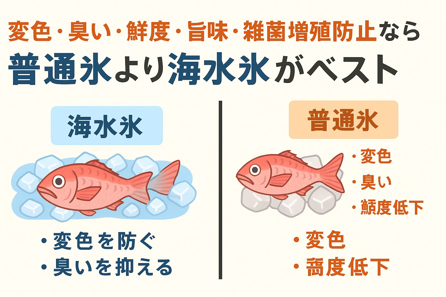 釣り魚が臭う・変色する原因は、真水氷による細胞破壊と雑菌繁殖。海水氷は塩分と低温効果でそれらを防ぎ、臭いを約70％抑制。鮮度・旨味・見た目を保ちながら、最も自然な形で魚を保存できる。釣太郎