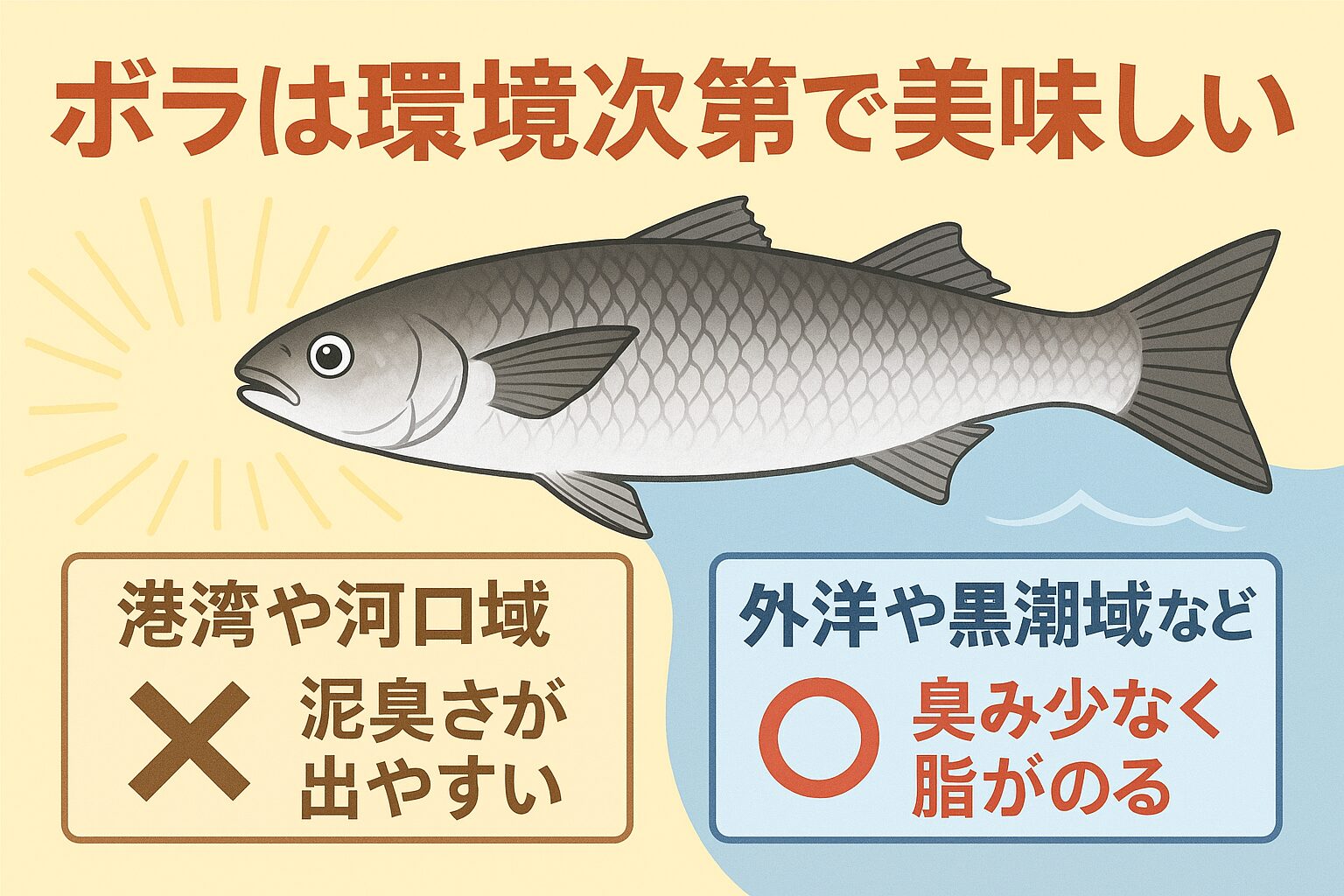 ボラは環境によって評価が極端に分かれる魚です。汚れた湾内で釣れるボラは確かに臭みがありますが、清浄な海域で釣れるボラは脂が乗っており、旨味が強い。つまり「ボラが臭い」のではなく、環境と処理次第で、別の魚のように美味しくなる。釣太郎