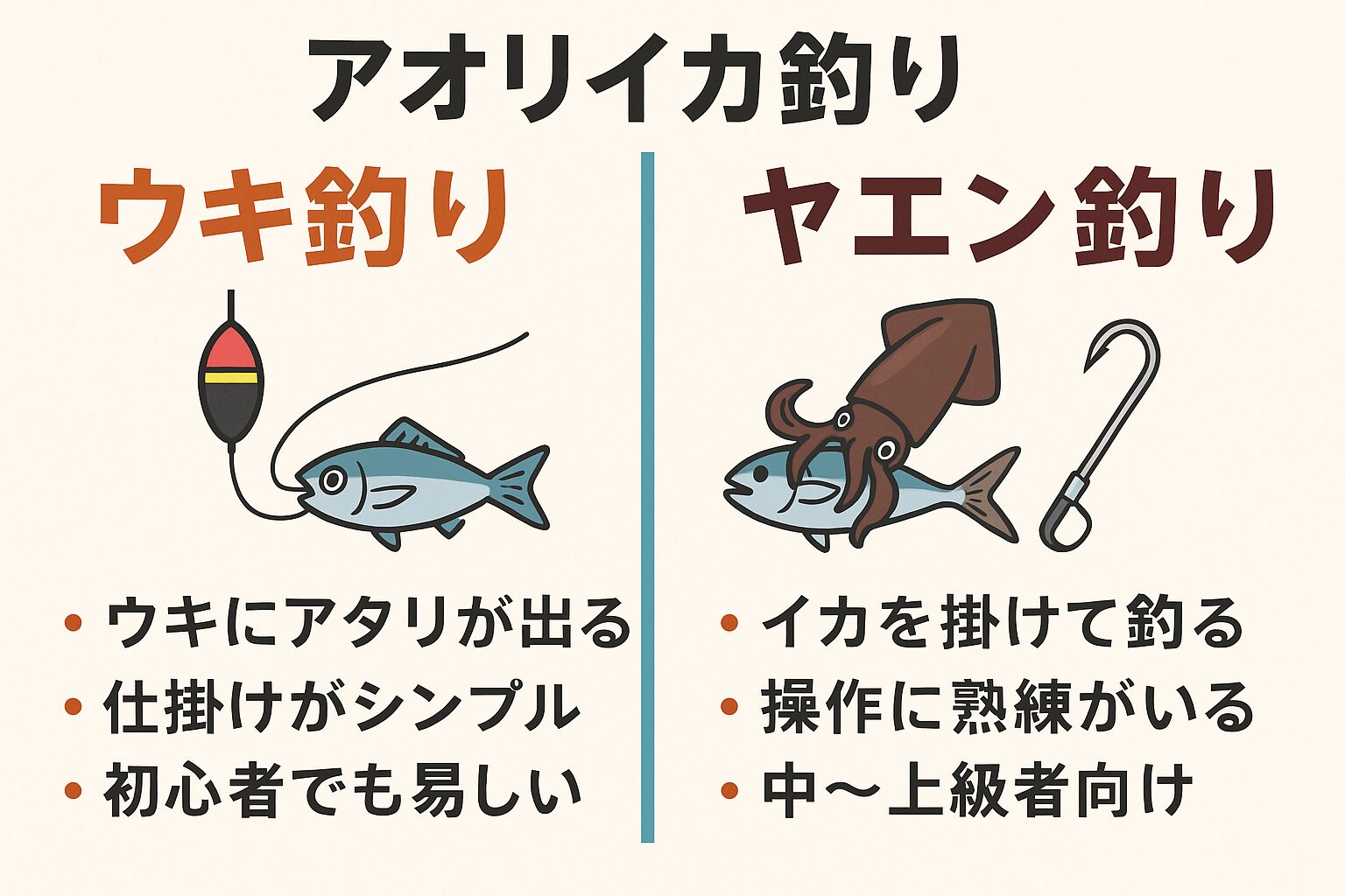 アオリイカのウキ釣りは「見てわかる・釣って楽しい」初心者向け。 ヤエン釣りは「操作技術で勝負する」上級者向け。 まずはウキ釣りで釣果を出し、アオリイカの習性を学んでから、 次のステップとしてヤエン釣りに挑戦しよう。釣太郎