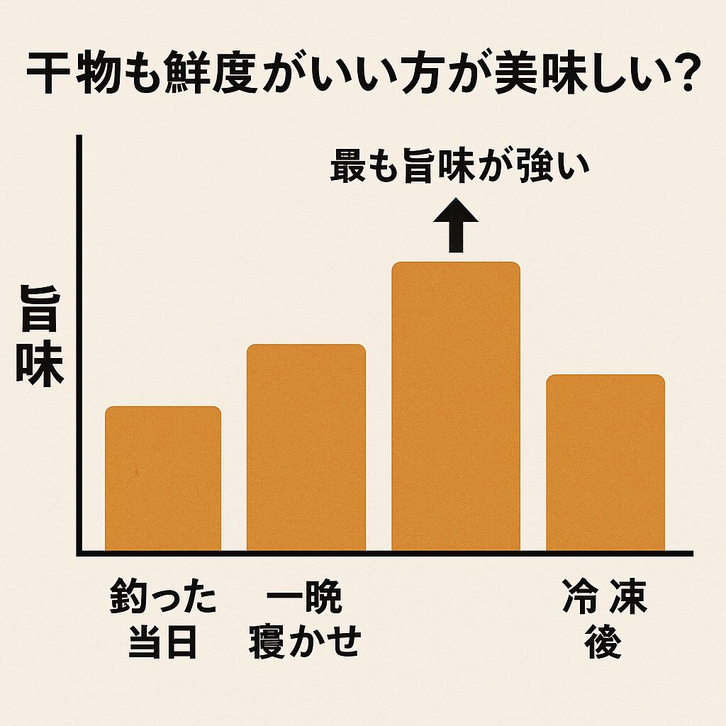 魚干物は釣った当日よりも「一晩寝かせ」が美味しい。ATPがイノシン酸に変化して旨味が増すため。冷凍は便利だが旨味は約20〜30％失われる。釣太郎 ベストは釣って12〜24時間後に干すこと。