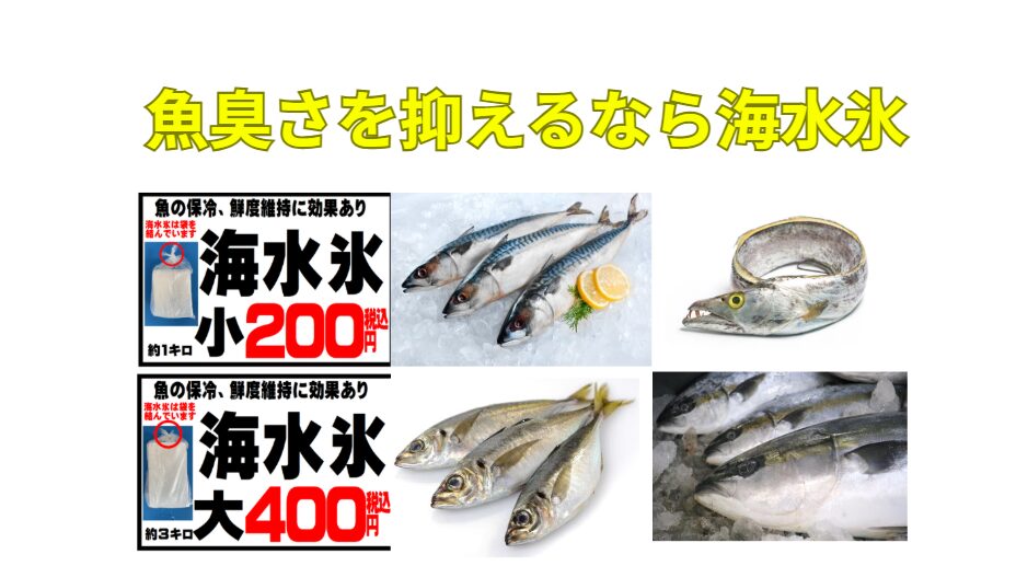 魚の生臭さを抑えるなら海水氷がベスト。釣太郎の海水氷は1キロ200円、3キロ400円で販売しています。