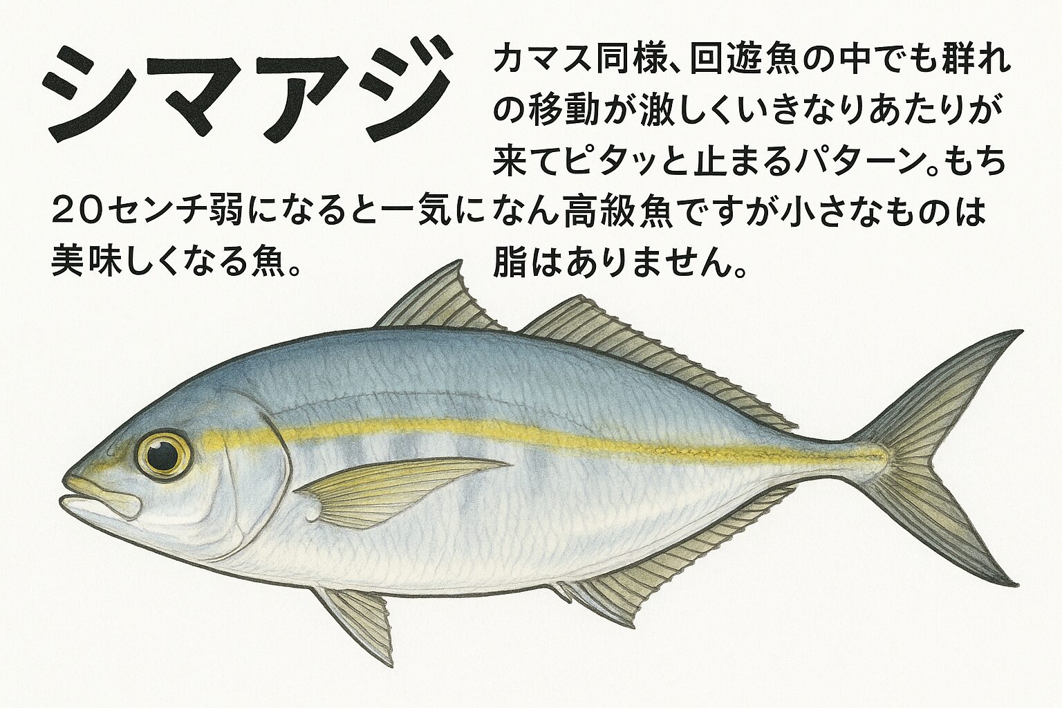 みなべ店近辺でシマアジの回遊があるようです。シマアジもカマス同様、回遊魚の中でも群れの移動が激しく 、いきなりあたりが来てピタッと止まるパターン。もちろん高級魚ですが小さなものは脂はありません。釣太郎