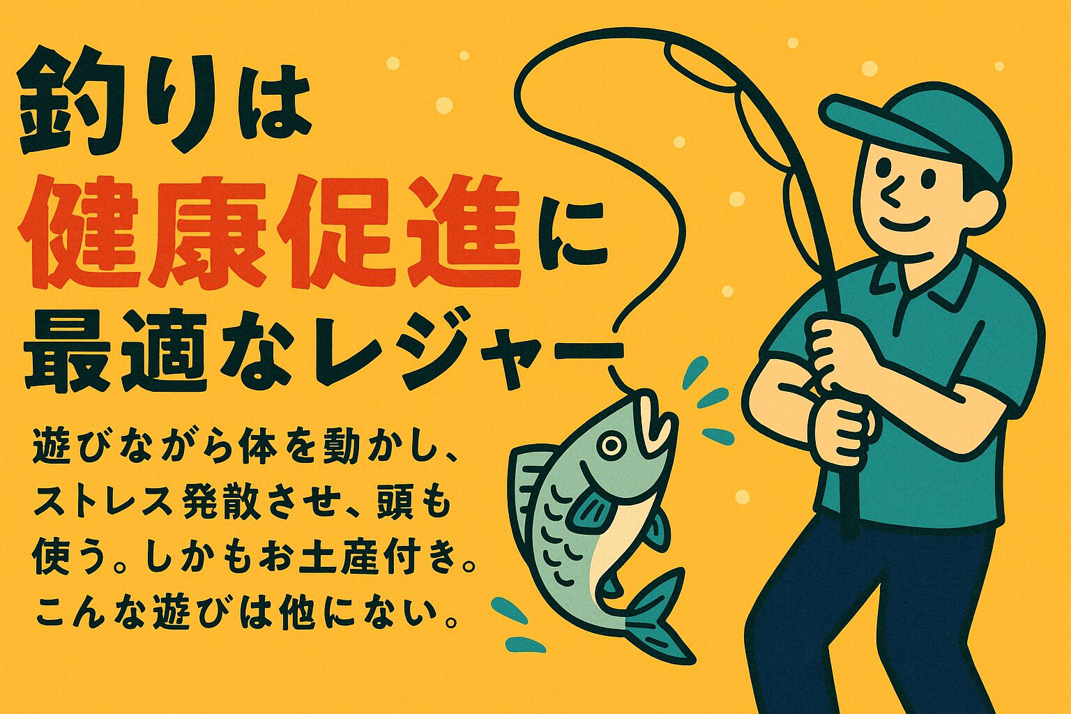 釣りは、遊びながら健康促進につながる理想的なレジャーです。釣太郎 ・体を自然に動かす運動効果 ・心を癒やしストレス発散 ・頭を使う知的な挑戦 ・お土産としての食の喜び。釣太郎