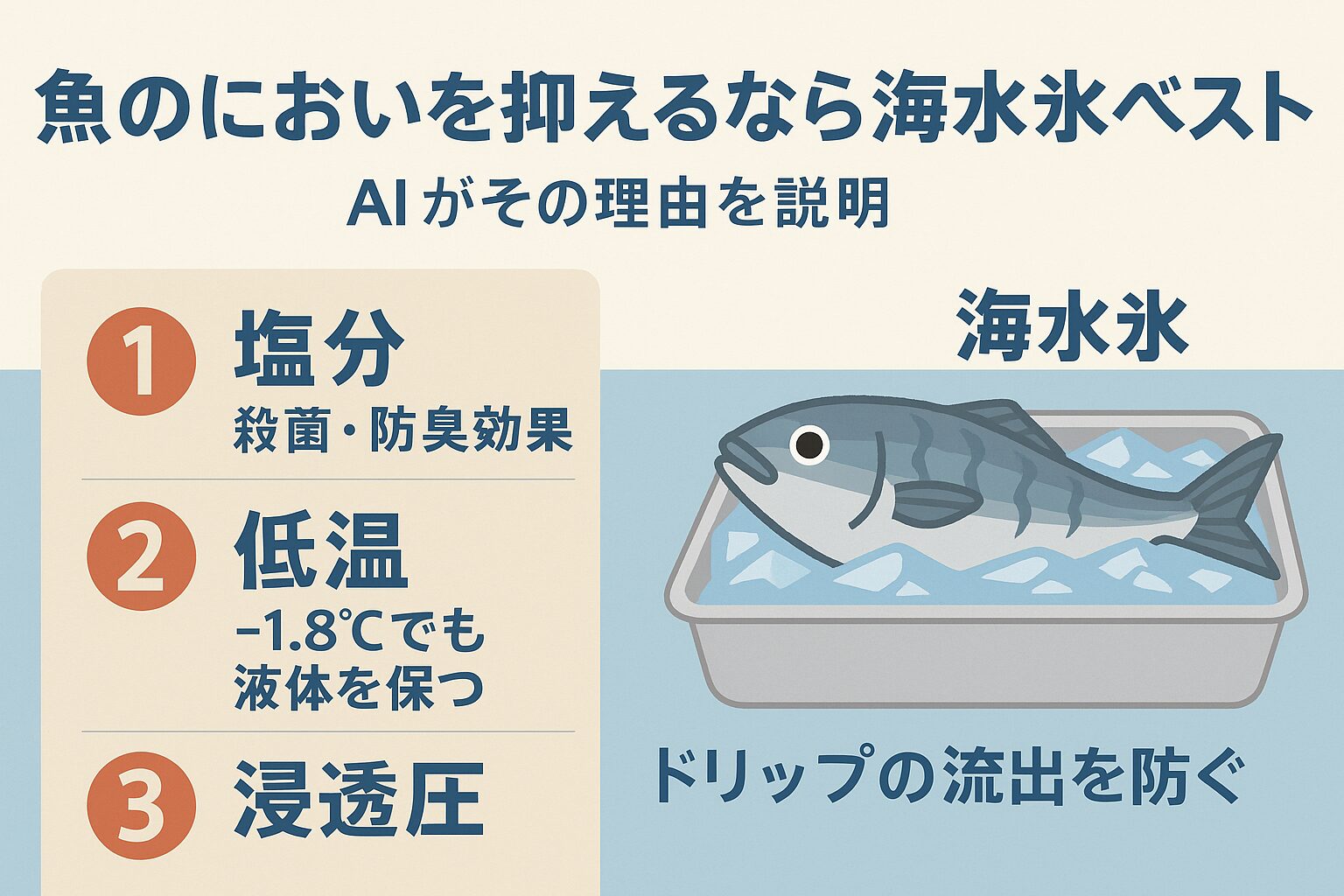 海水氷は塩分を含み、−1.8℃でも液体を保つ特殊な氷。殺菌効果と低温維持により臭いの原因となる菌を抑え、浸透圧バランスでドリップを防止。臭いを出さずに魚を冷やすなら、海水氷が最も効果的。釣太郎