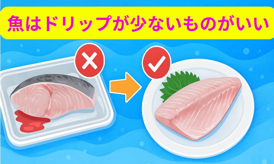 赤いドリップは「魚が泣いているサイン」。 それは血ではなく、旨味や栄養が流れ出た証拠です。スーパーや魚屋で刺身・切り身を選ぶときは、パック内に赤いドリップがないもの、身にハリとツヤがあるものを選びましょう。釣太郎