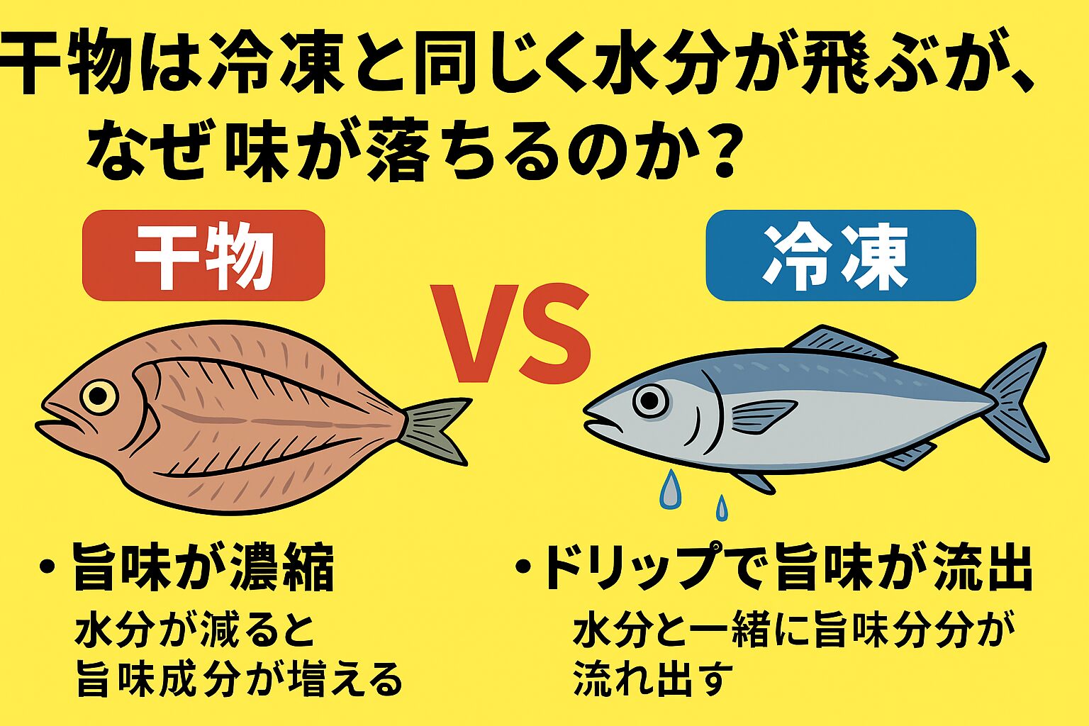 干物と冷凍は、どちらも水分が抜ける点では共通しています。しかし、干物は旨味が凝縮して美味しくなる。冷凍は旨味成分が流出して味が落ちる。という正反対の結果になります。釣太郎