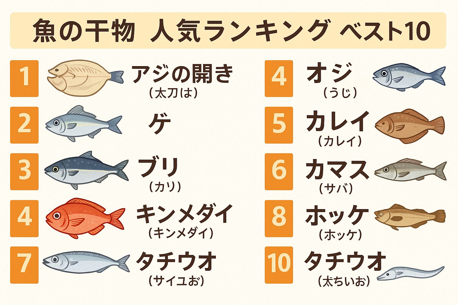 干物は魚の種類によって風味が大きく変わります。アジやカマスのような“王道系”から、キンメ・ブリのような“高級系”、そしてイカ・ホッケのような“酒の肴系”まで、その魅力はまさに多彩。釣太郎