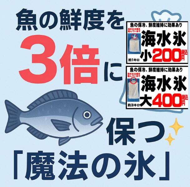 釣太郎の海水氷は、海水をそのまま凍らせた天然氷。 −1.8℃の低温と塩分の力で、魚の細胞を守り、鮮度を3倍に維持。
