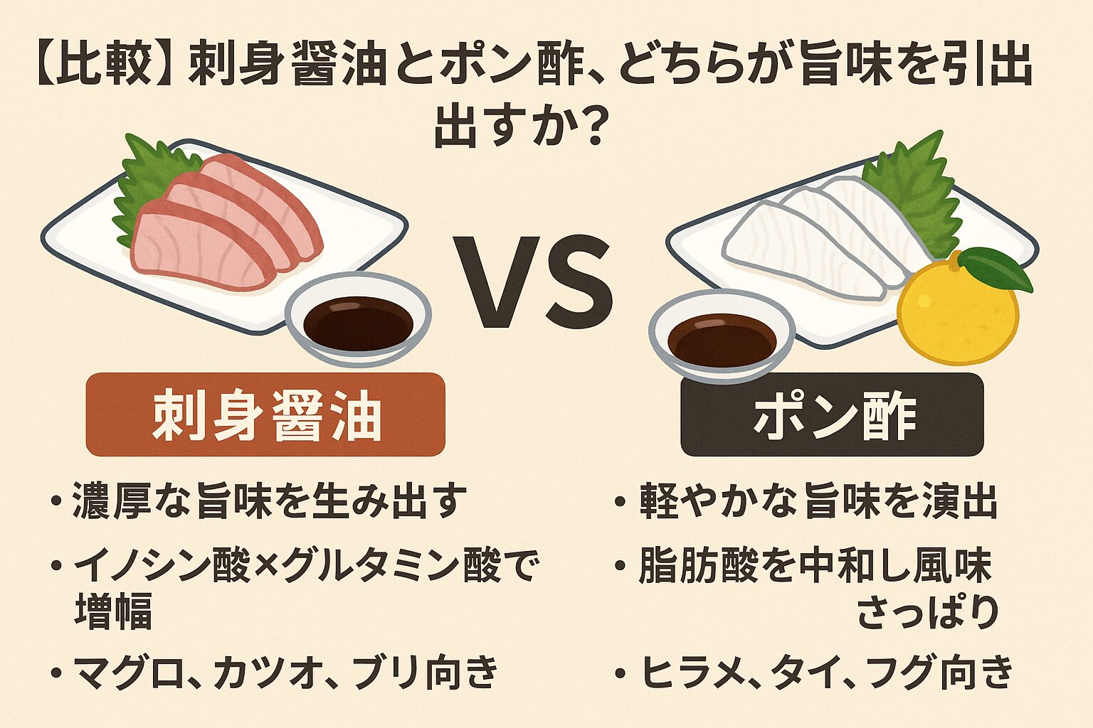 刺身醤油は旨味の相乗効果で「濃厚な味」を生み出す。 ポン酢は酸で脂を切り、「軽やかな味」を演出する。 どちらも魚の個性を最大限に引き出すための“調味の科学”釣太郎