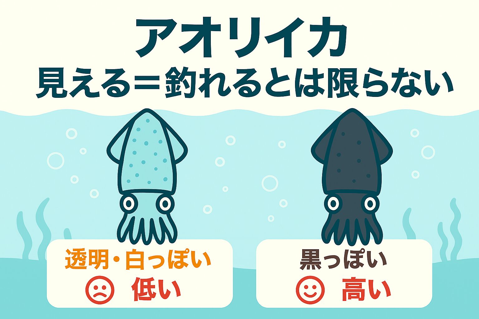 アオリイカ、透明なイカは警戒モード。釣れるのは、黒っぽく変化した“捕食モード”の個体です。釣太郎