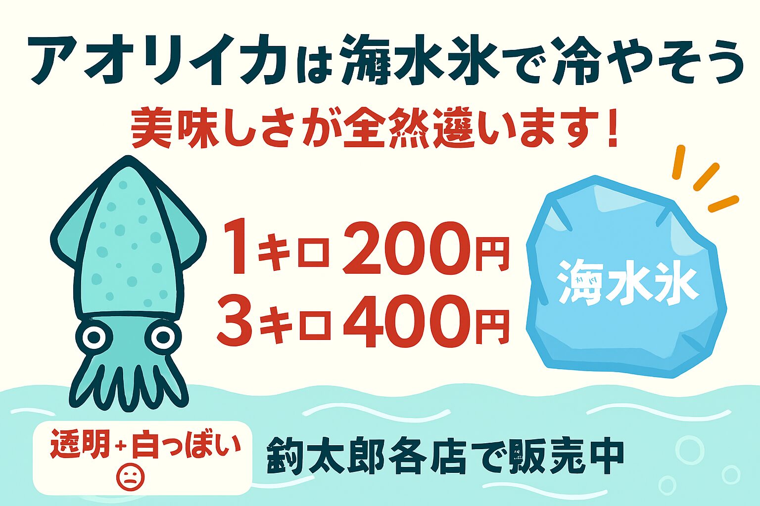 釣ったアオリイカの価値は、冷やし方で決まる。海水氷なら、釣り上げた瞬間の透明感・甘み・歯ごたえをそのままキープできます。釣太郎
