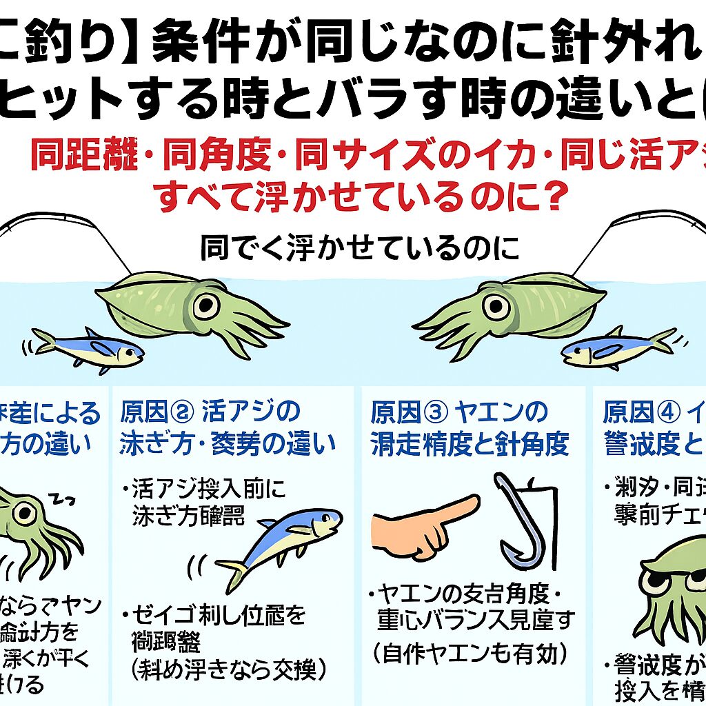 ヤエン釣りは、目に見える条件だけでは語れない釣りです。アオリイカの個体差、活アジの泳ぎ、ヤエンの滑走精度、海況の変化…これらが複雑に絡み合い、ヒットとバラしの差を生みます。釣太郎