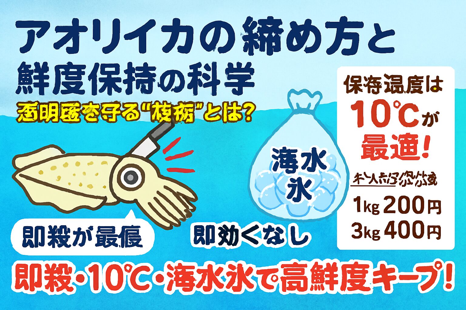鮮度保持は「締め方×温度管理×海水氷」 アオリイカの鮮度を守るには、科学的根拠に基づいた技術が不可欠です。釣太郎の海水氷は１キロ200円、3キロ400円で販売しています。