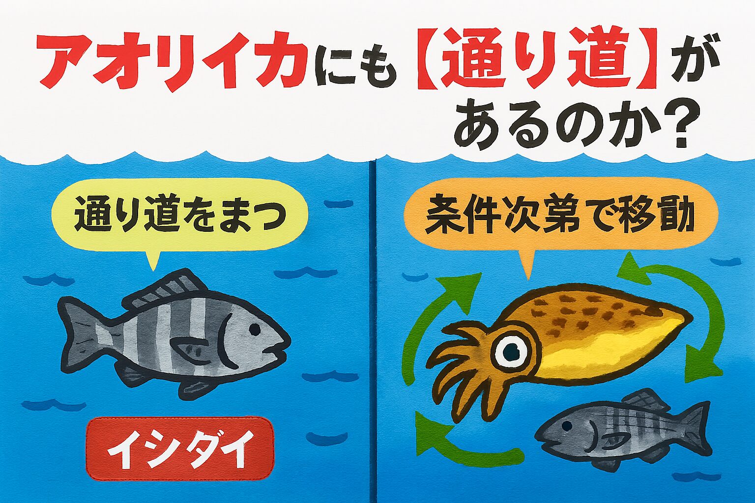 アオリイカは石鯛ほど明確な通り道を持ちませんが、地形・潮流・ベイトの動きに応じた“条件付きの回遊ルート”は確かに存在します。釣太郎