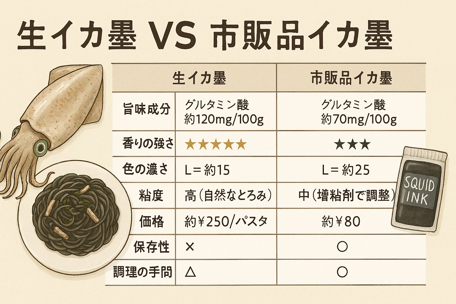 市販品は便利で安定した品質ですが、味・香り・色の三拍子が揃うのは断然「生イカ墨」。釣りたてのアオリイカから墨を抽出して作る料理は、まさに“異次元の美味しさ”です。釣太郎
