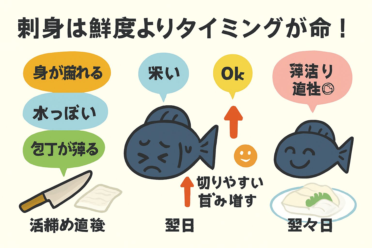 刺身は“鮮度”より“タイミング”が命。活締め直後の魚は、鮮度は抜群でも刺身にするには早すぎる。釣太郎