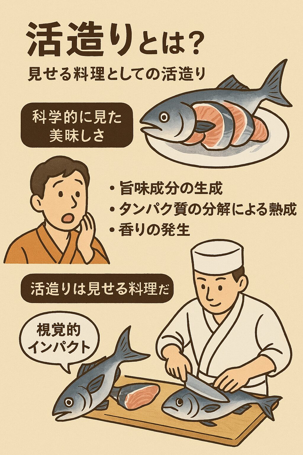 活造りは「美味しさ」よりも「演出」を重視した料理であり、科学的にも味覚的な満足度は低い傾向があります。これは接待や観光向けのショー的料理として位置づけられます。釣太郎