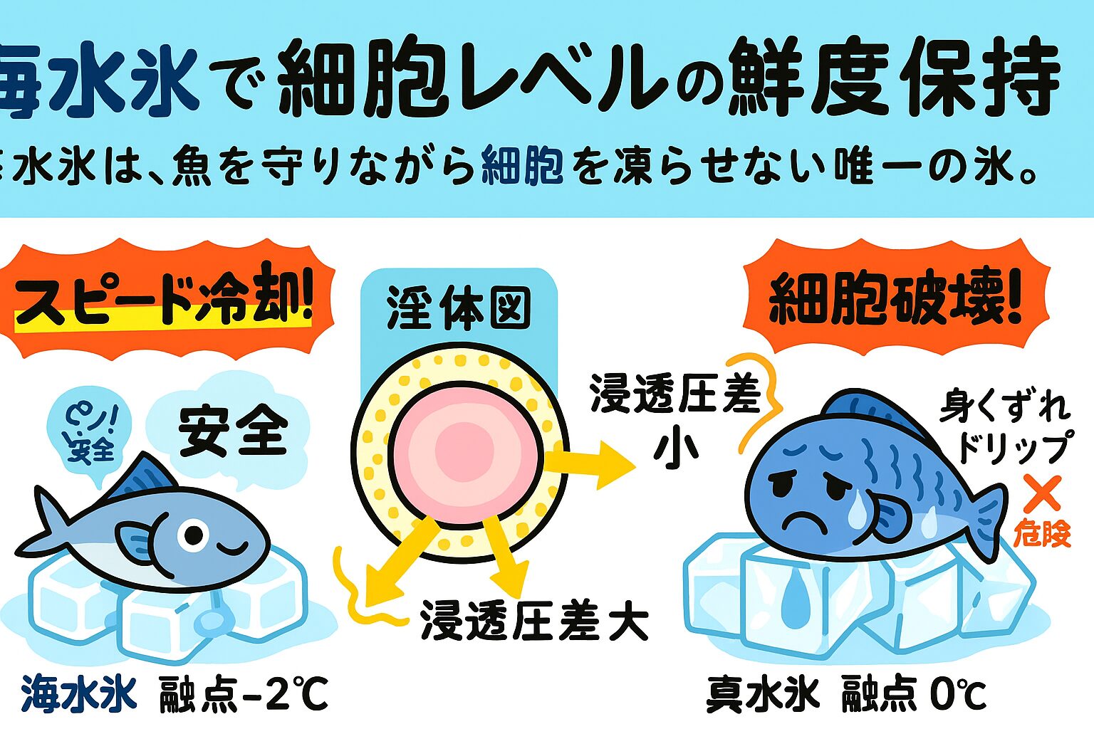 海水氷の利点:浸透圧差が少ない → 細胞が壊れにくい。
融点-2℃ → 冷えすぎず、菌の繁殖も抑制。釣太郎