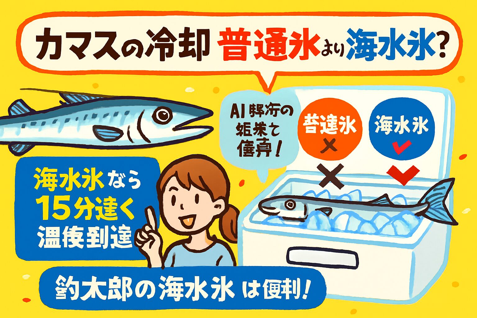 カマスの鮮度を最大限に保つ秘訣は、「①0℃以下で冷やし」「②旨味を逃さず」「③効率的に冷やす」ことができる海水氷にありました。釣太郎
